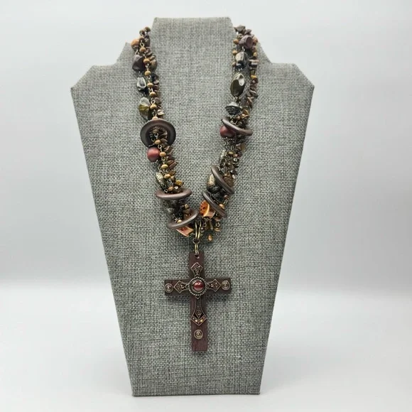 Vintage Rustic Boho Cross Statement Necklace Tiger Eye - Picture 7 of 15